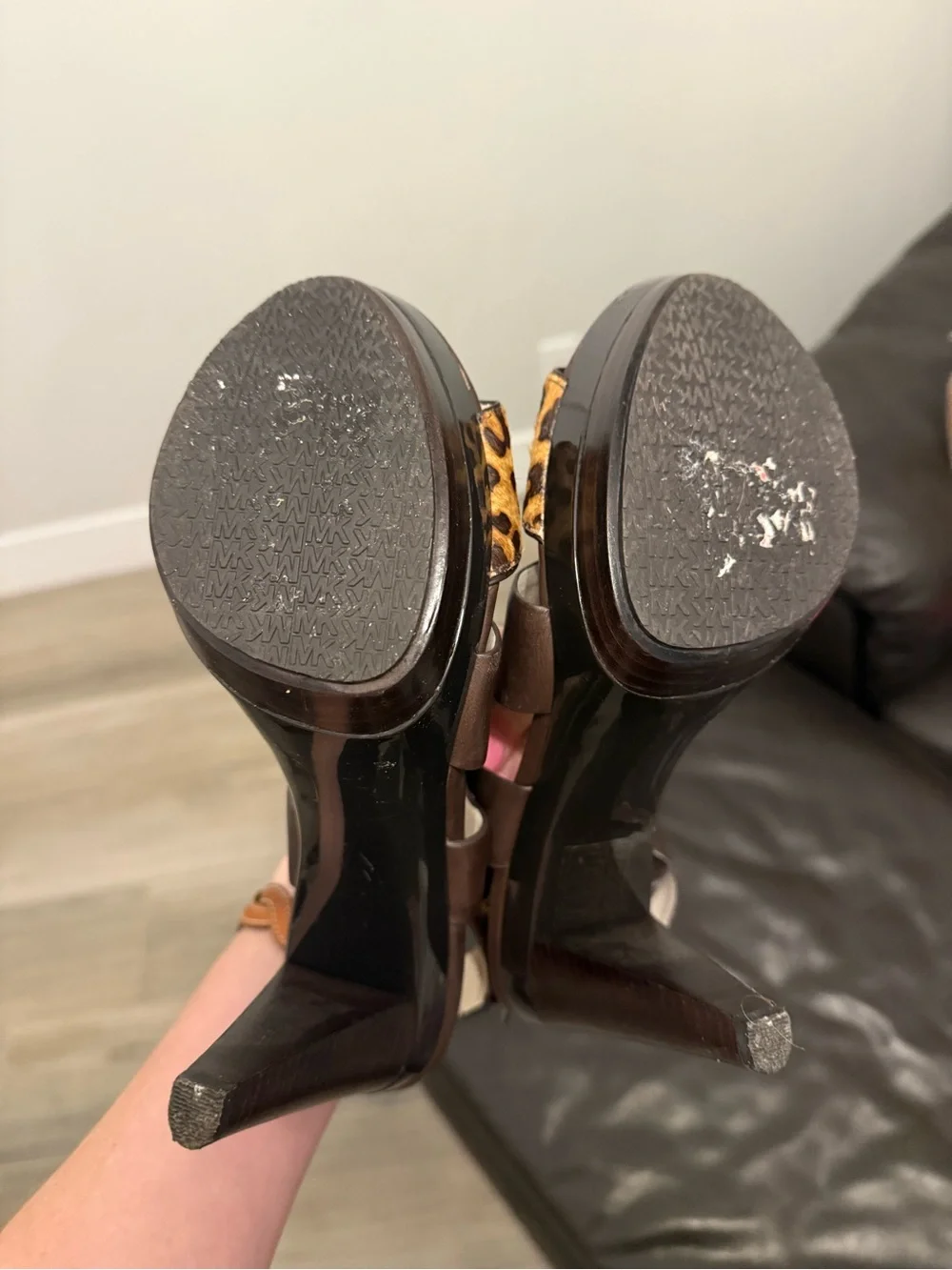 Michael Kors Brown Leather Heels with Leopard Print Strap